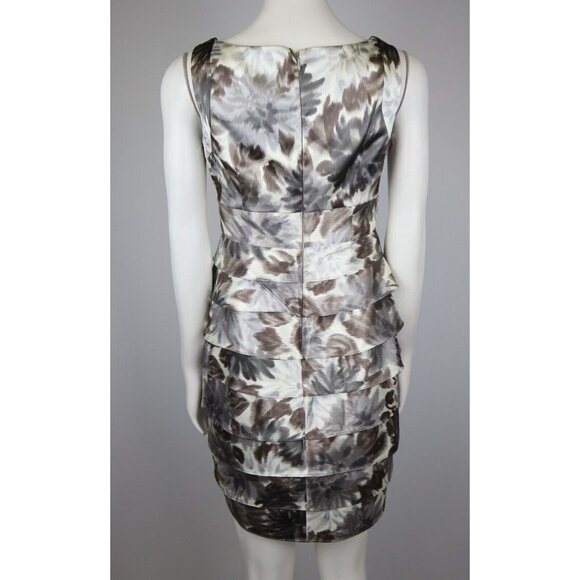 GRAY IVORY BEIGE PRINT SATIN RUFFLE LAYER SHEATH DRESS - LONDON TIMES - SIZE 6P - Picture 5 of 6